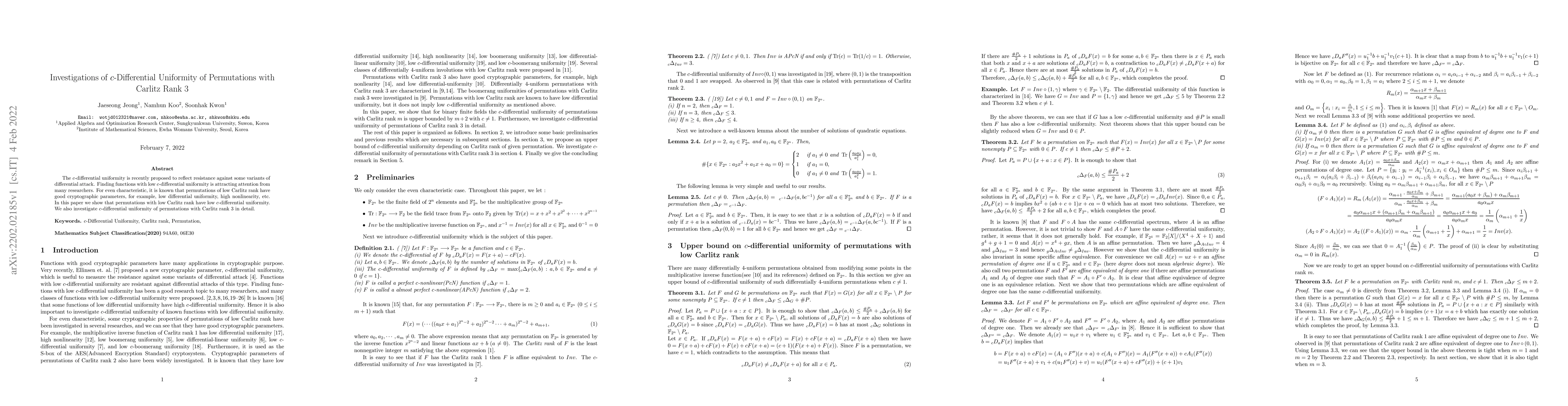 Thumbnail for Investigations of c-Differential Uniformity of Permutations with Carlitz
  Rank 3