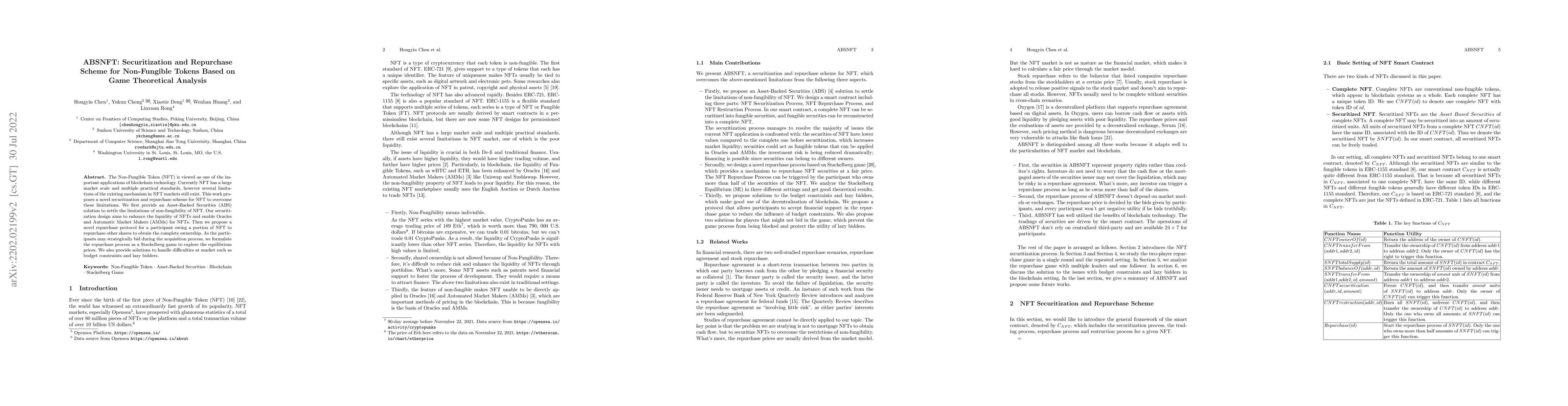 Thumbnail for ABSNFT: Securitization and Repurchase Scheme for Non-Fungible Tokens
  Based on Game Theoretical Analysis
