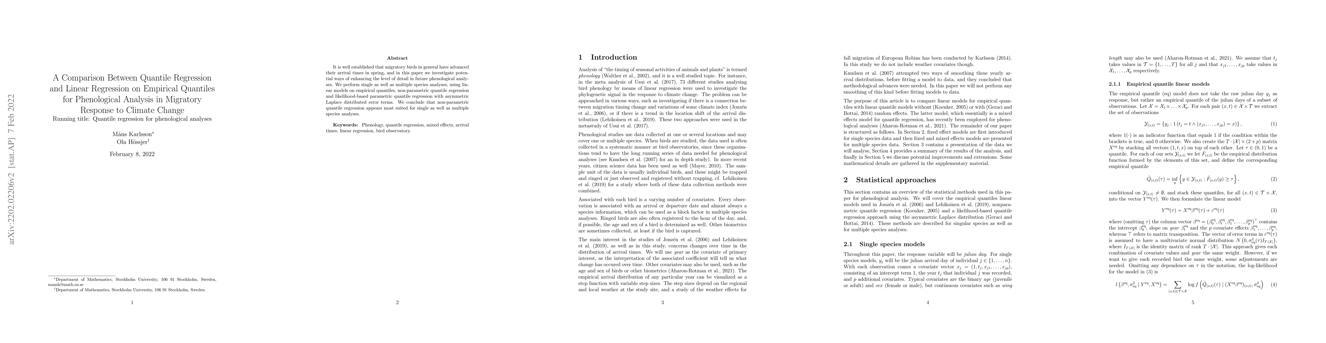 Thumbnail for A Comparison Between Quantile Regression and Linear Regression on
  Empirical Quantiles for Phenological Analysis in Migratory Response to
  Climate Change