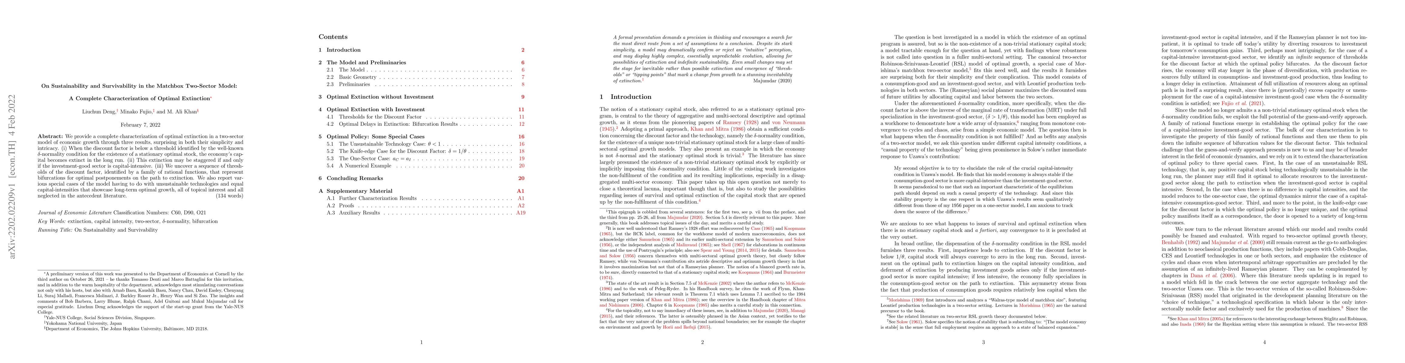 Thumbnail for On Sustainability and Survivability in the Matchbox Two-Sector Model: A
  Complete Characterization of Optimal Extinction