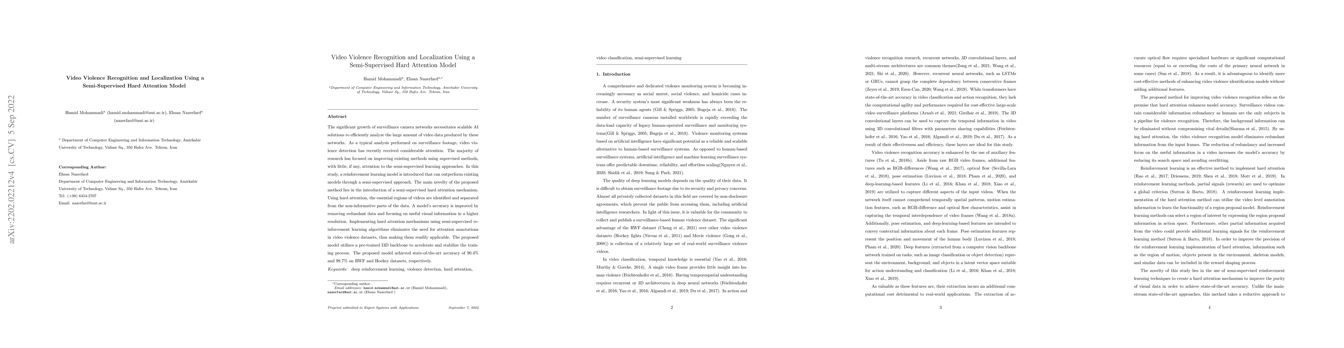 Thumbnail for Video Violence Recognition and Localization Using a Semi-Supervised Hard
  Attention Model
