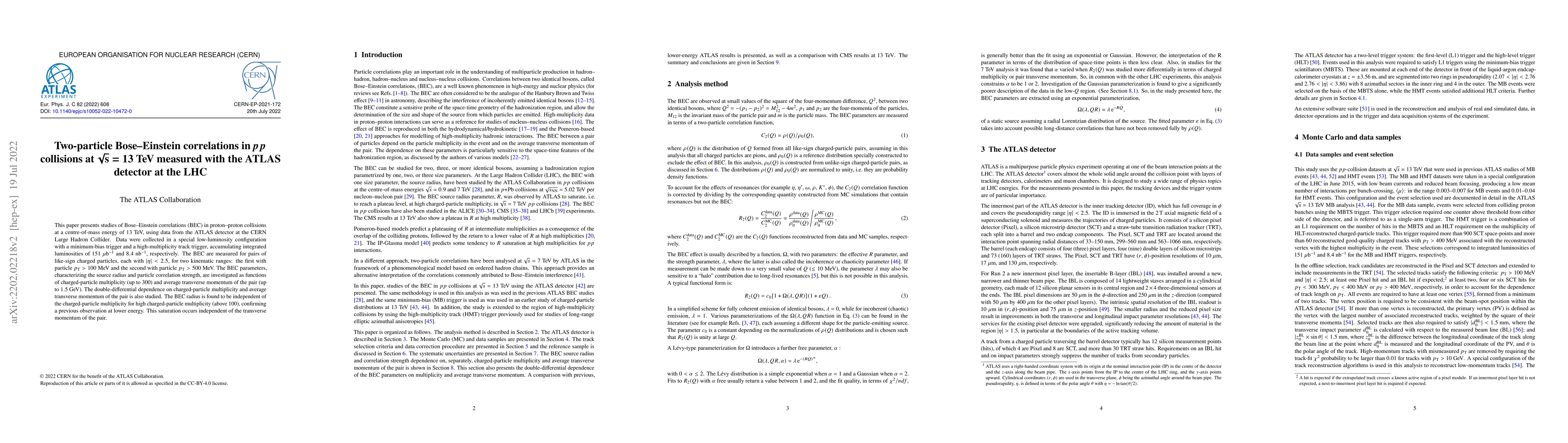 Thumbnail for Two-particle Bose-Einstein correlations in pp collisions at ${\sqrt{s} =
  13}$ TeV measured with the ATLAS detector at the LHC
