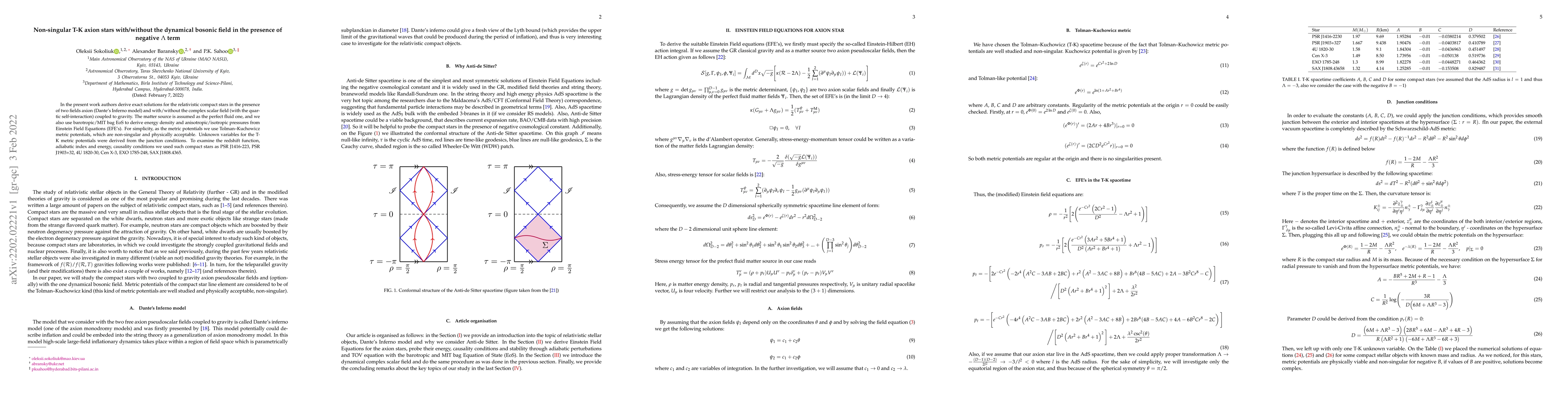 Thumbnail for Non-singular T-K axion stars with/without the dynamical bosonic field in
  the presence of negative $\Lambda$ term