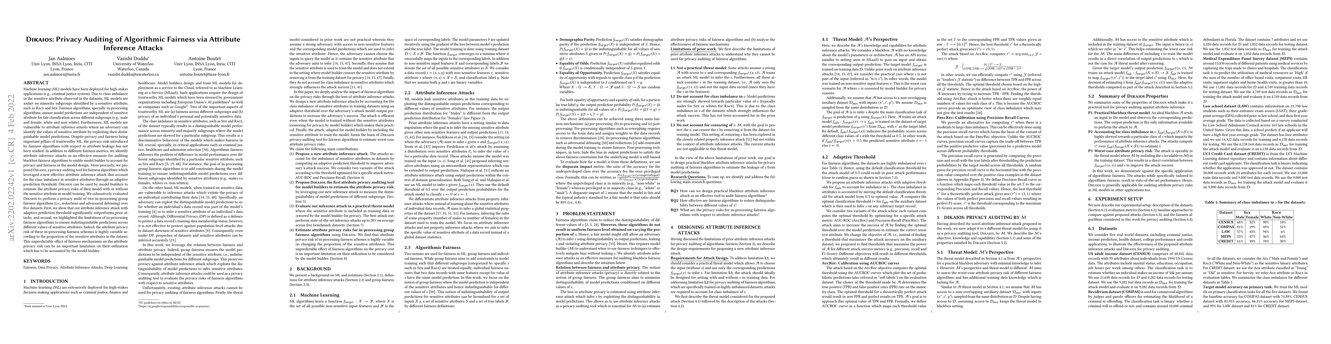 Thumbnail for Dikaios: Privacy Auditing of Algorithmic Fairness via Attribute
  Inference Attacks
