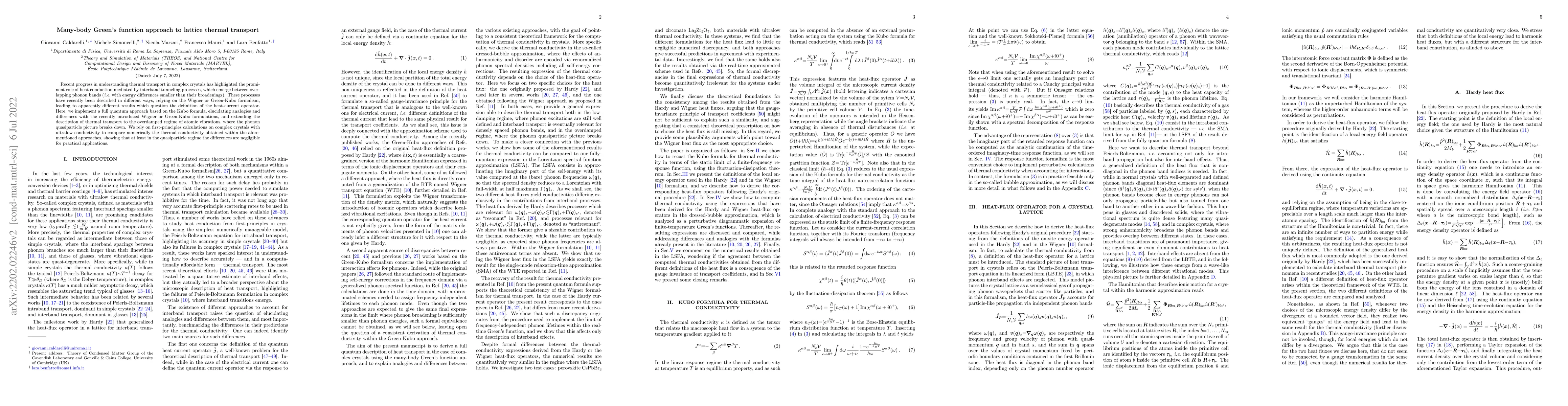 Thumbnail for Many-body Green's function approach to lattice thermal transport