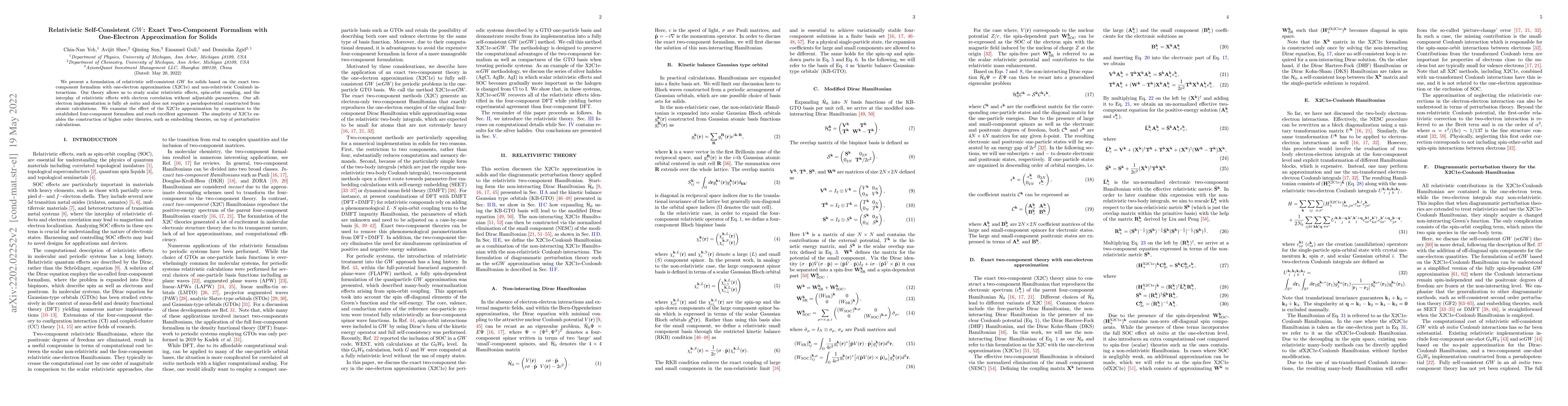 Thumbnail for Relativistic Self-Consistent $GW$: Exact Two-Component Formalism with
  One-Electron Approximation for Solids