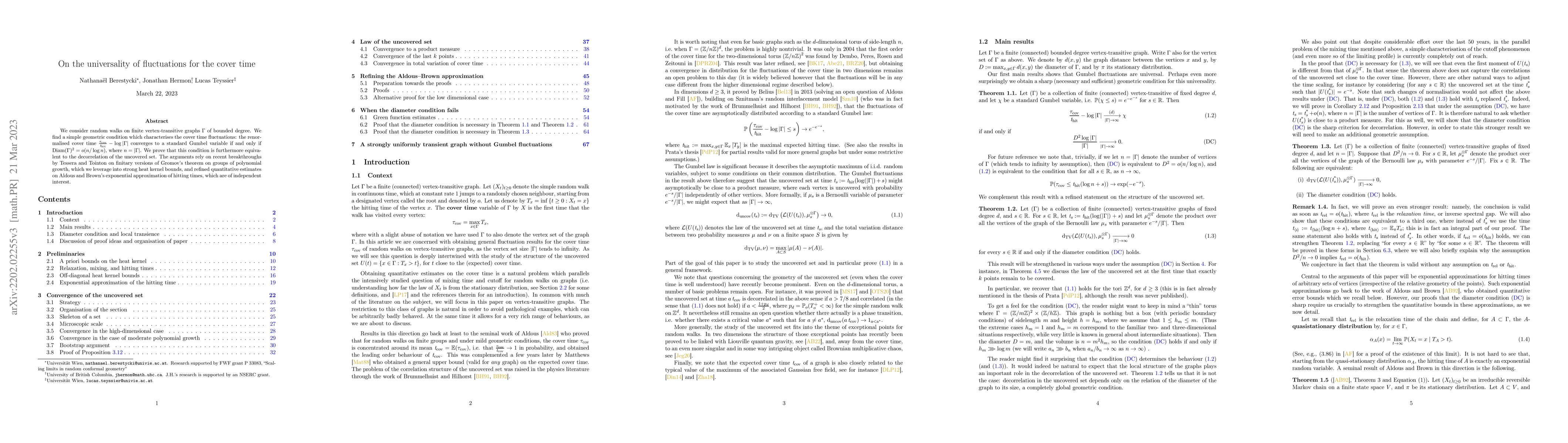 Thumbnail for On the universality of fluctuations for the cover time