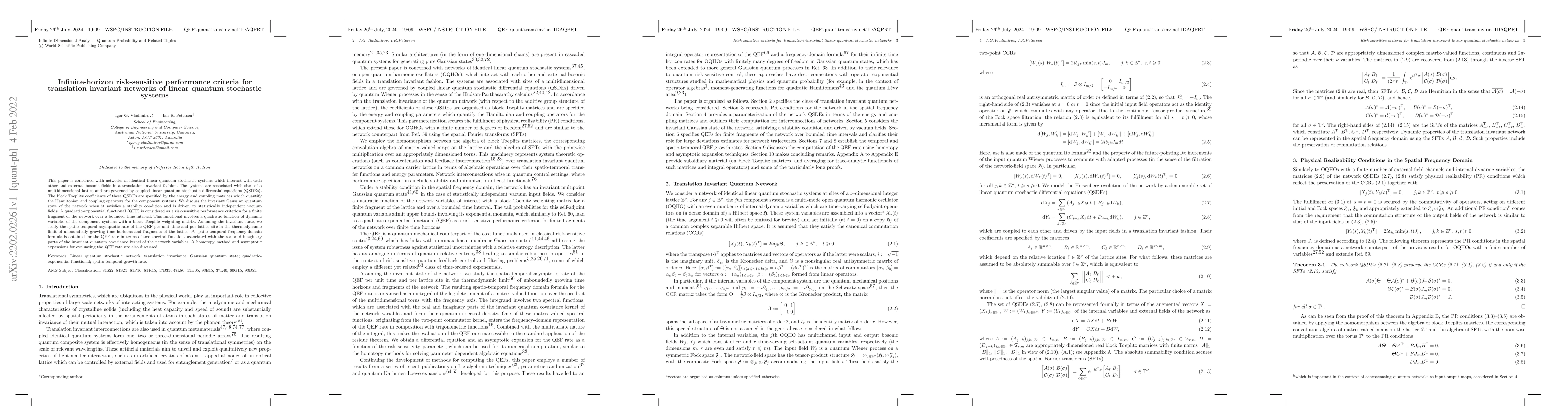 Thumbnail for Infinite-horizon risk-sensitive performance criteria for translation
  invariant networks of linear quantum stochastic systems