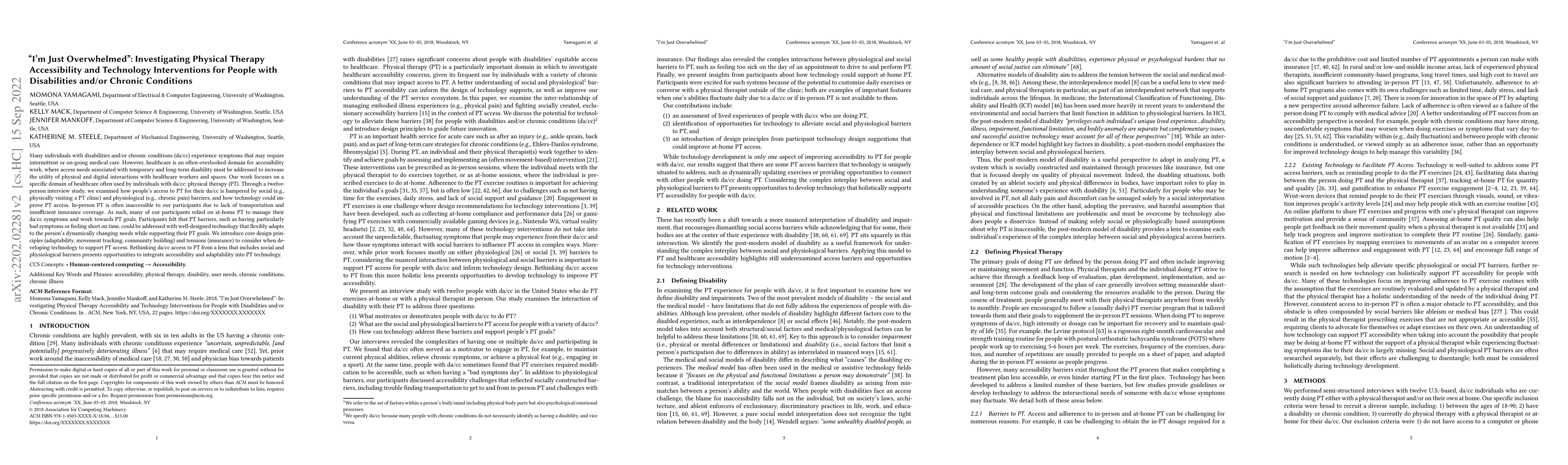 Thumbnail for "I'm Just Overwhelmed": Investigating Physical Therapy Accessibility and
  Technology Interventions for People with Disabilities and/or Chronic
  Conditions