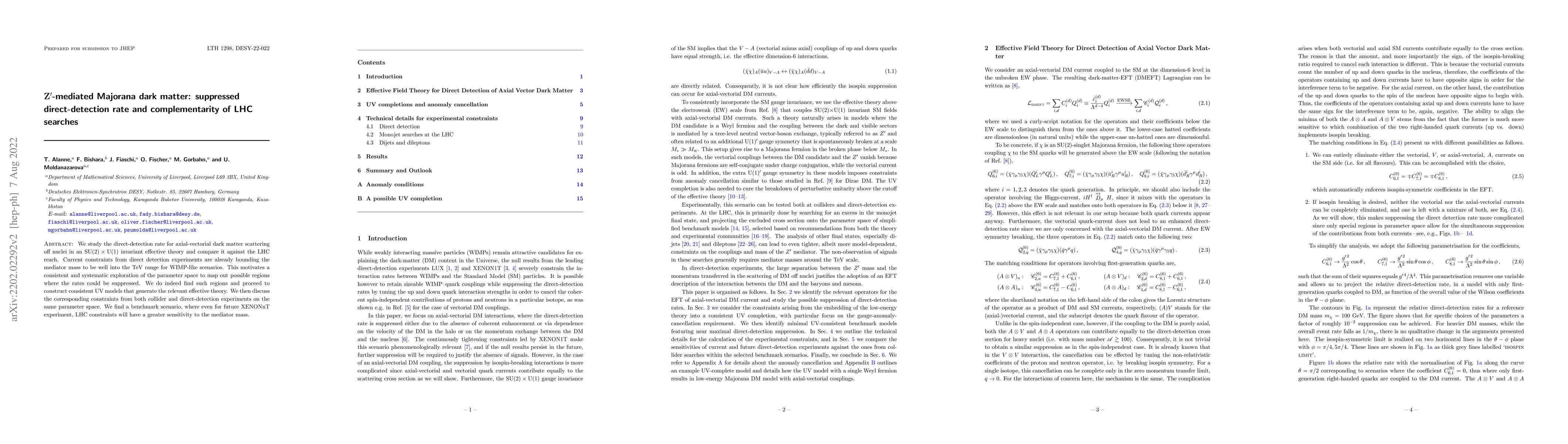 Thumbnail for $Z^\prime$-mediated Majorana dark matter: suppressed direct-detection
  rate and complementarity of LHC searches