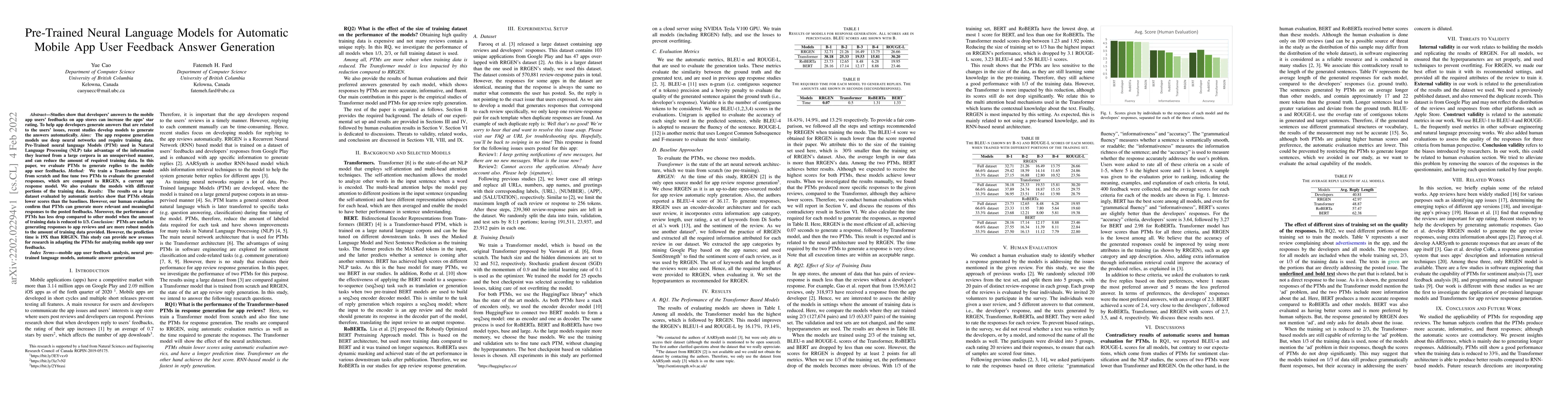 Thumbnail for Pre-Trained Neural Language Models for Automatic Mobile App User
  Feedback Answer Generation