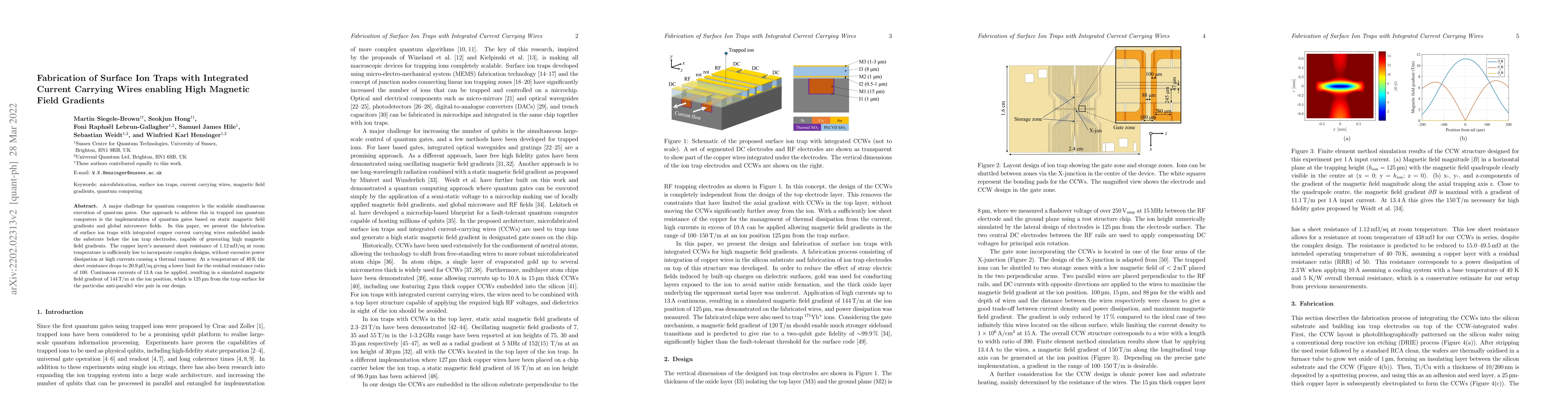 Thumbnail for Fabrication of Surface Ion Traps with Integrated Current Carrying Wires
  enabling High Magnetic Field Gradients