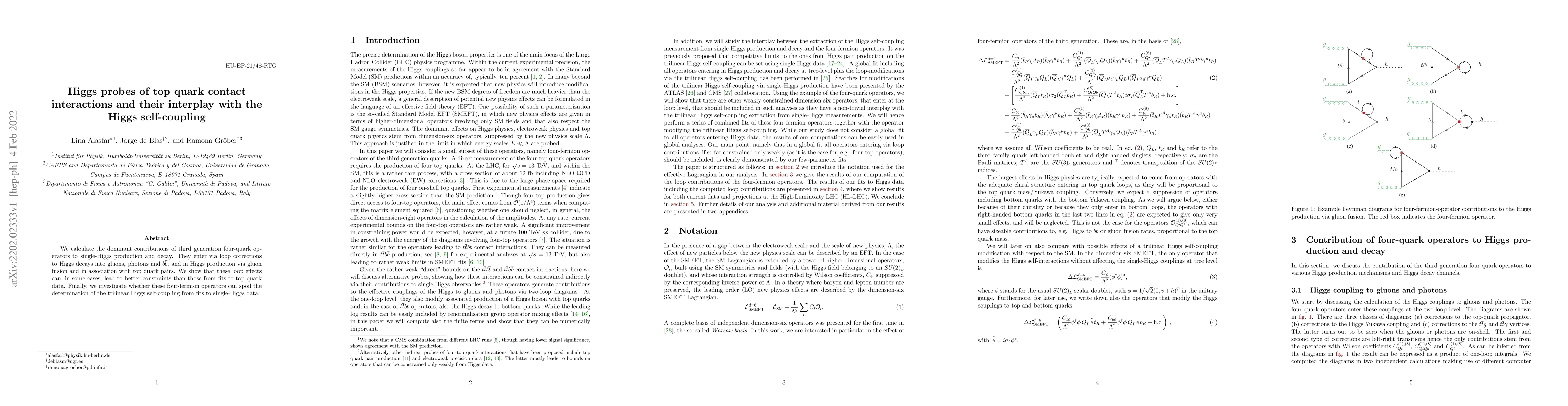 Thumbnail for Higgs probes of top quark contact interactions and their interplay with
  the Higgs self-coupling