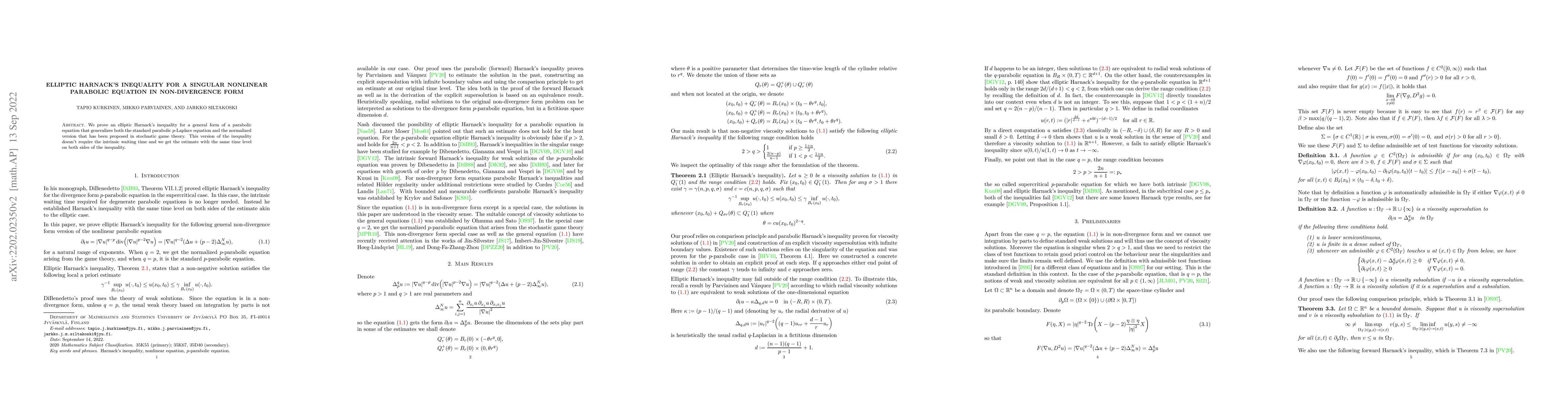 Thumbnail for Elliptic Harnack's inequality for a singular nonlinear parabolic
  equation in non-divergence form