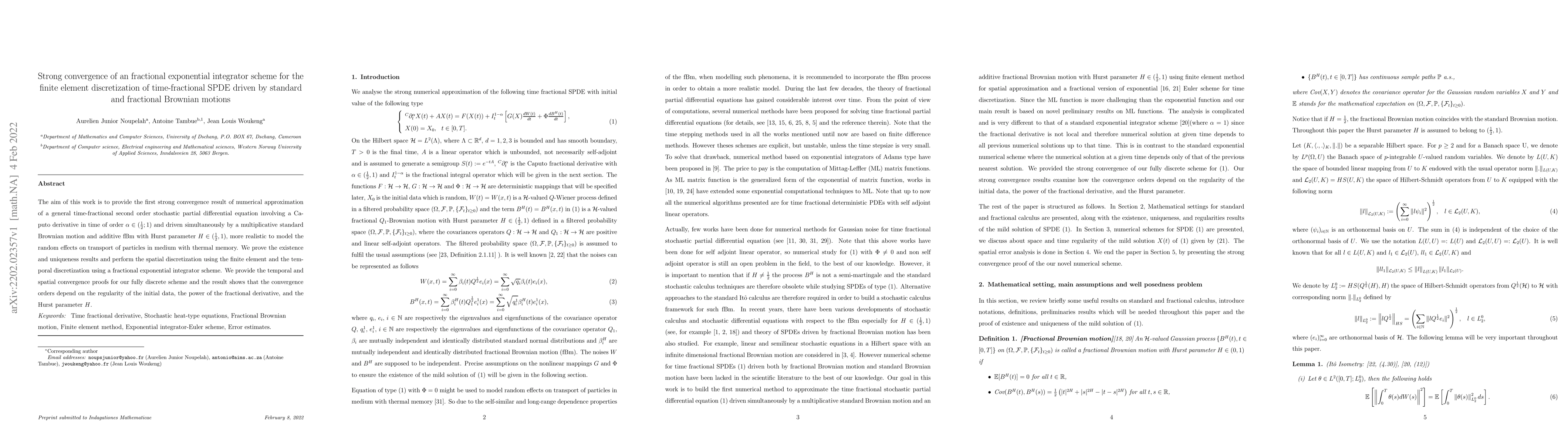 Thumbnail for Strong convergence of an fractional exponential integrator scheme for
  the finite element discretization of time-fractional SPDE driven by standard
  and fractional Brownian motions