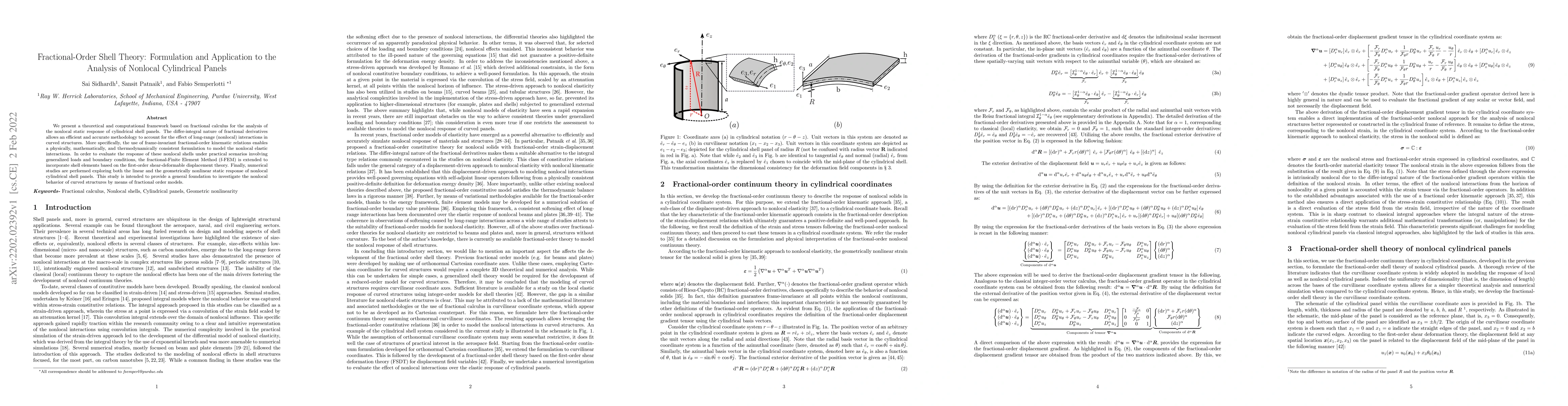 Thumbnail for Fractional-Order Shell Theory: Formulation and Application to the
  Analysis of Nonlocal Cylindrical Panels