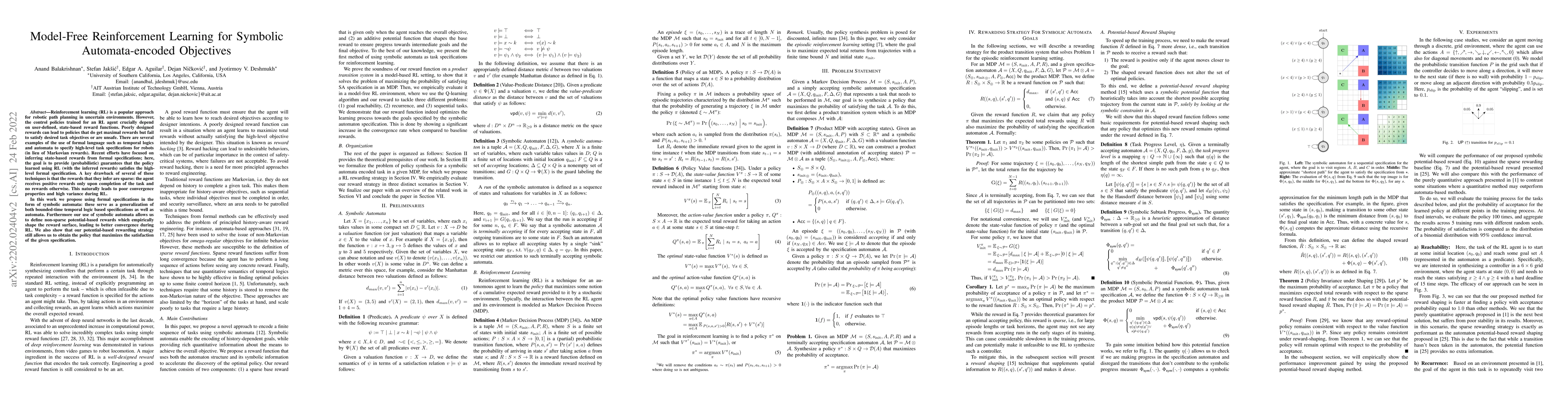 Thumbnail for Model-Free Reinforcement Learning for Symbolic Automata-encoded
  Objectives