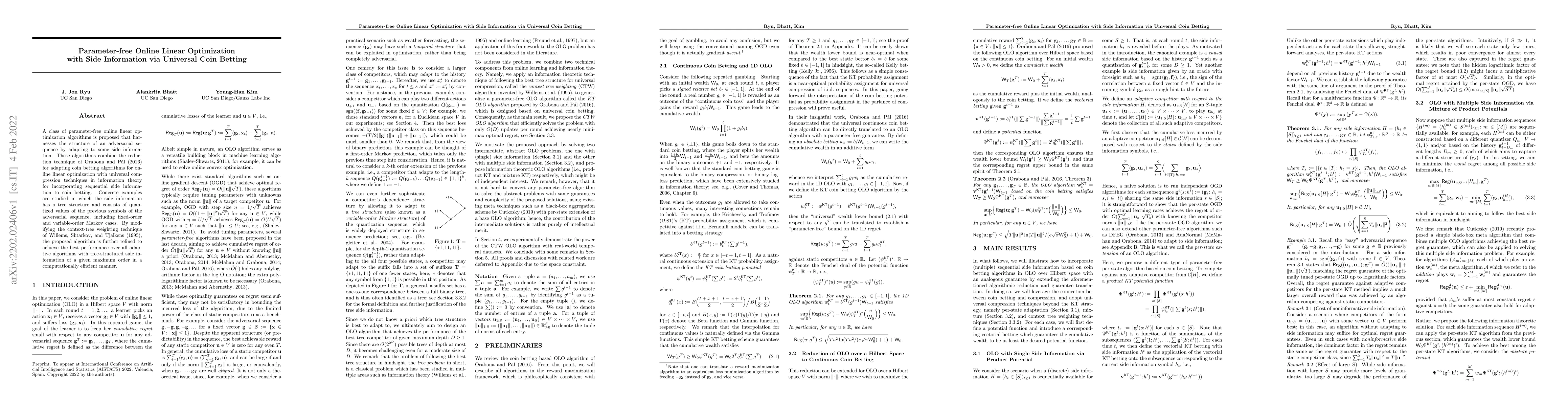 Thumbnail for Parameter-free Online Linear Optimization with Side Information via
  Universal Coin Betting
