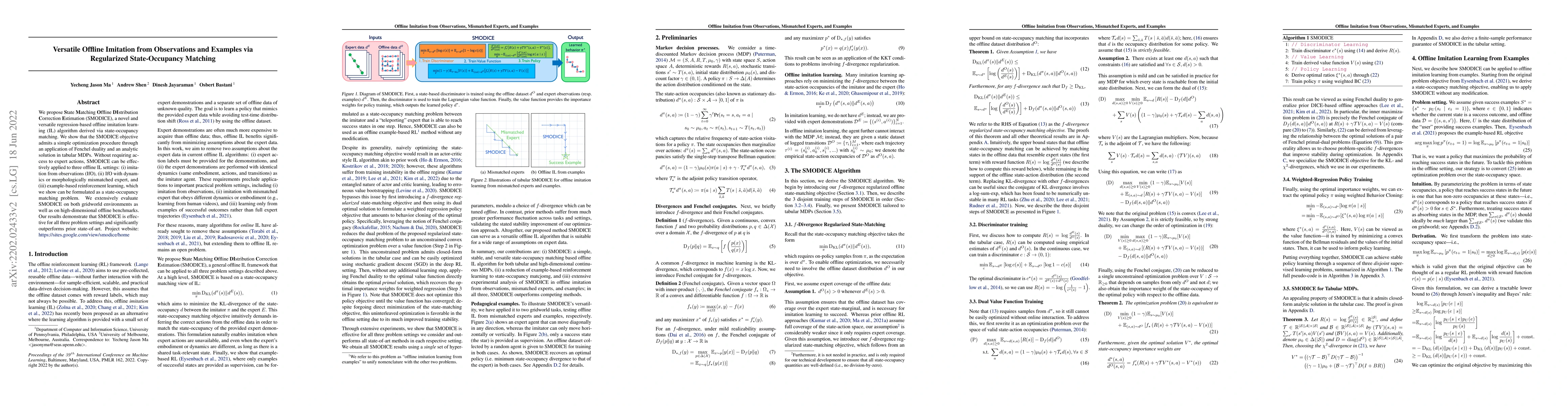 Thumbnail for Versatile Offline Imitation from Observations and Examples via
  Regularized State-Occupancy Matching