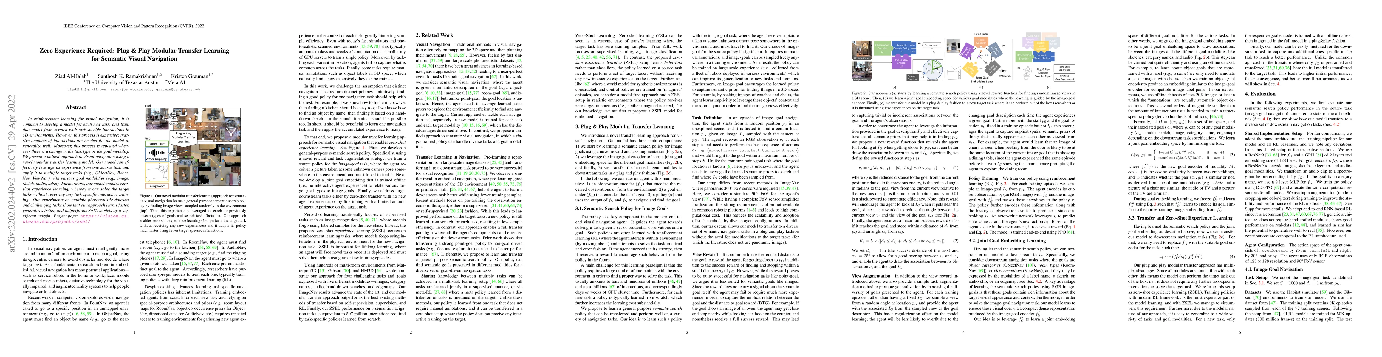 Thumbnail for Zero Experience Required: Plug & Play Modular Transfer Learning for
  Semantic Visual Navigation