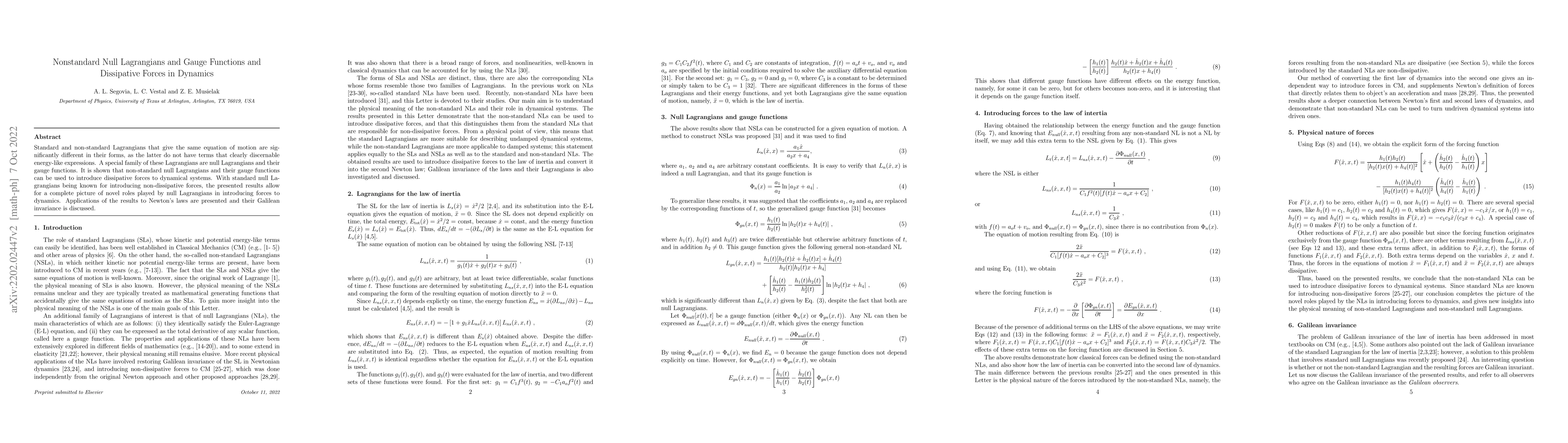Thumbnail for Nonstandard Null Lagrangians and Gauge Functions and Dissipative Forces
  in Dynamics