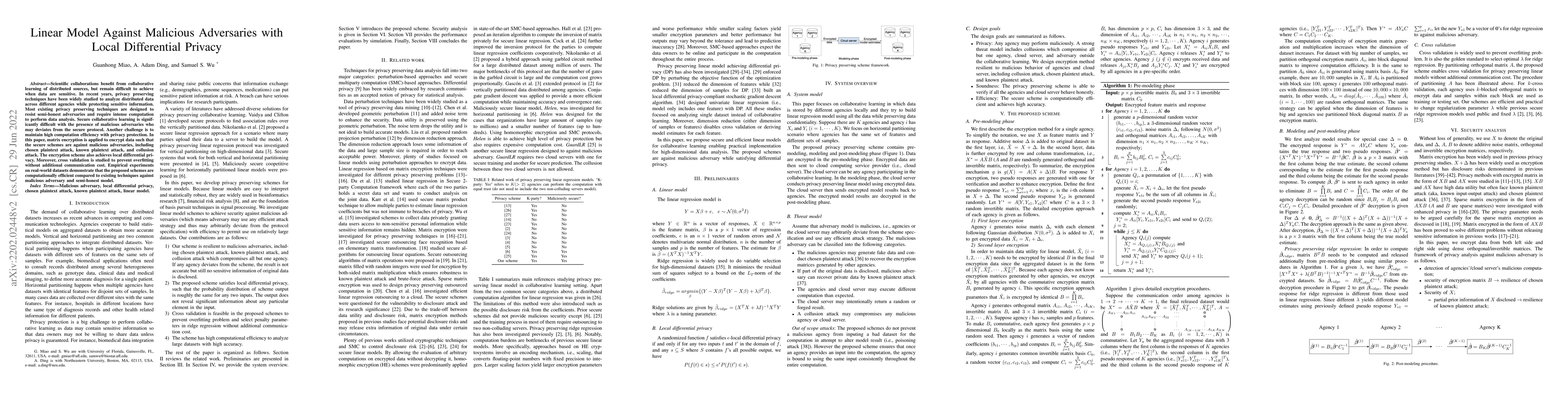 Thumbnail for Linear Model Against Malicious Adversaries with Local Differential
  Privacy