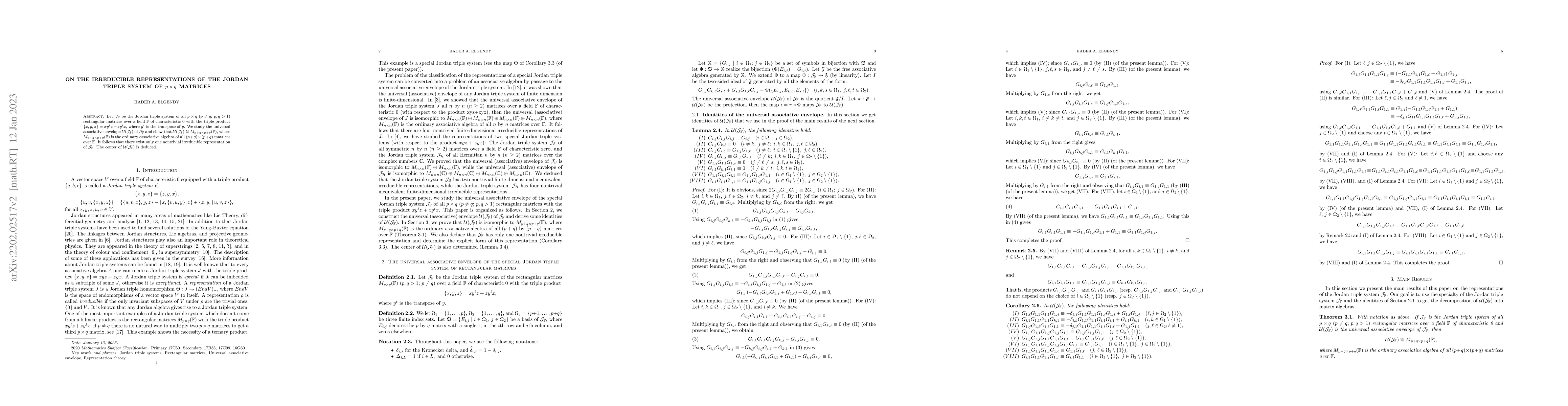 Thumbnail for On the irreducible representations of the Jordan triple system of $p
  \times q$ matrices