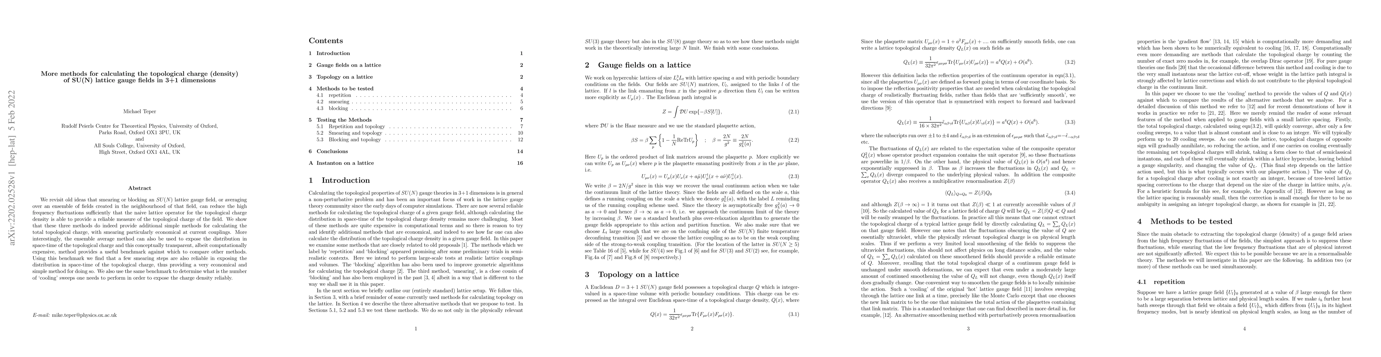 Thumbnail for More methods for calculating the topological charge (density) of SU(N)
  lattice gauge fields in 3+1 dimensions