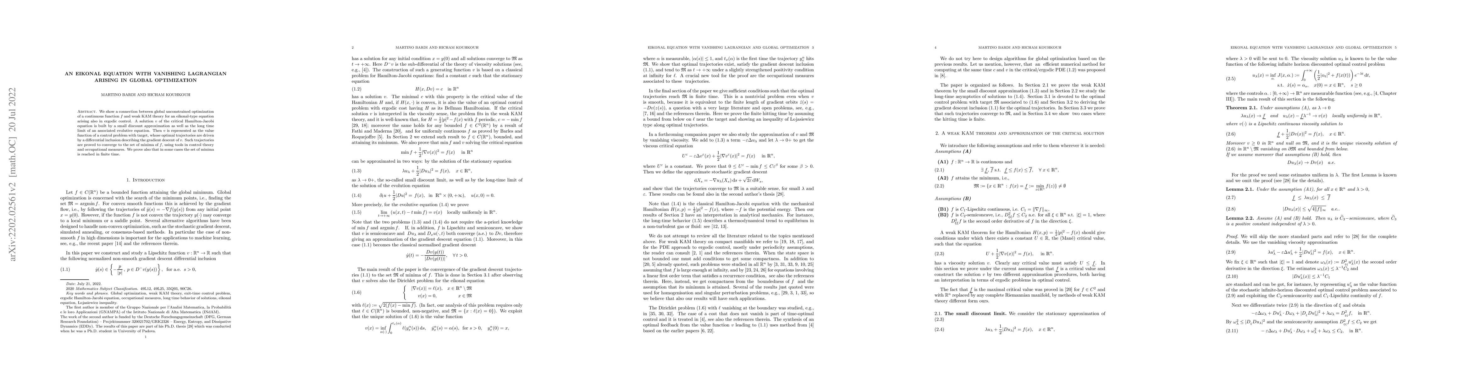 Thumbnail for An Eikonal equation with vanishing Lagrangian arising in Global
  Optimization