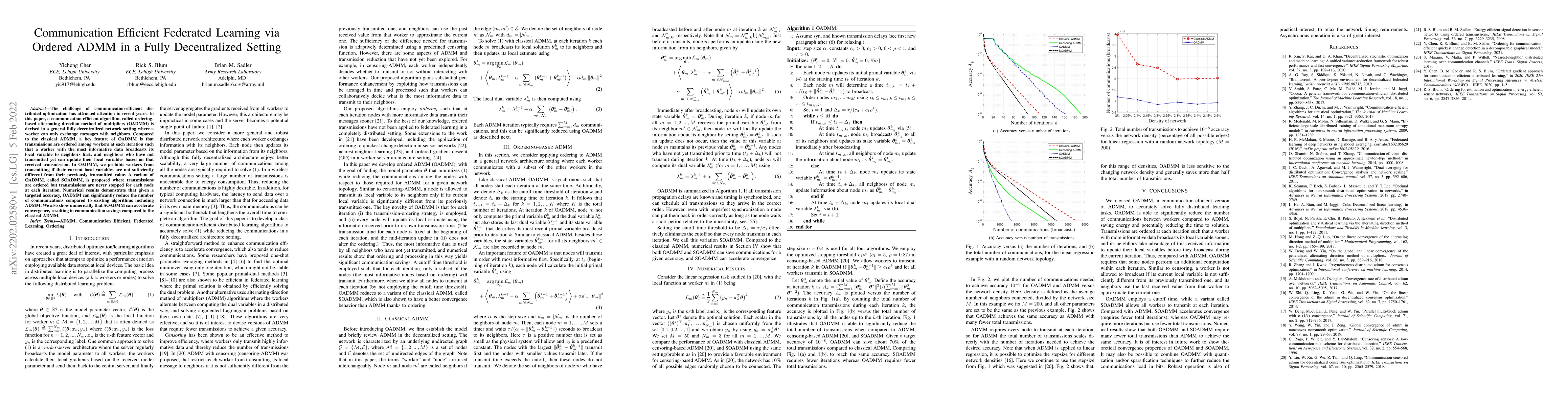 Thumbnail for Communication Efficient Federated Learning via Ordered ADMM in a Fully
  Decentralized Setting