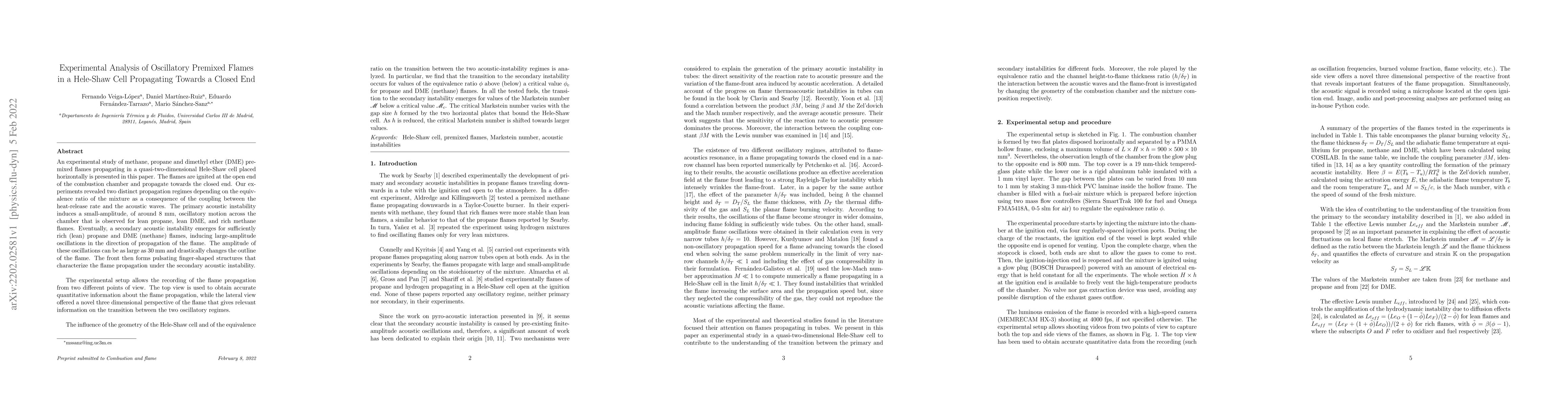 Thumbnail for Experimental Analysis of Oscillatory Premixed Flames in a Hele-Shaw Cell
  Propagating Towards a Closed End