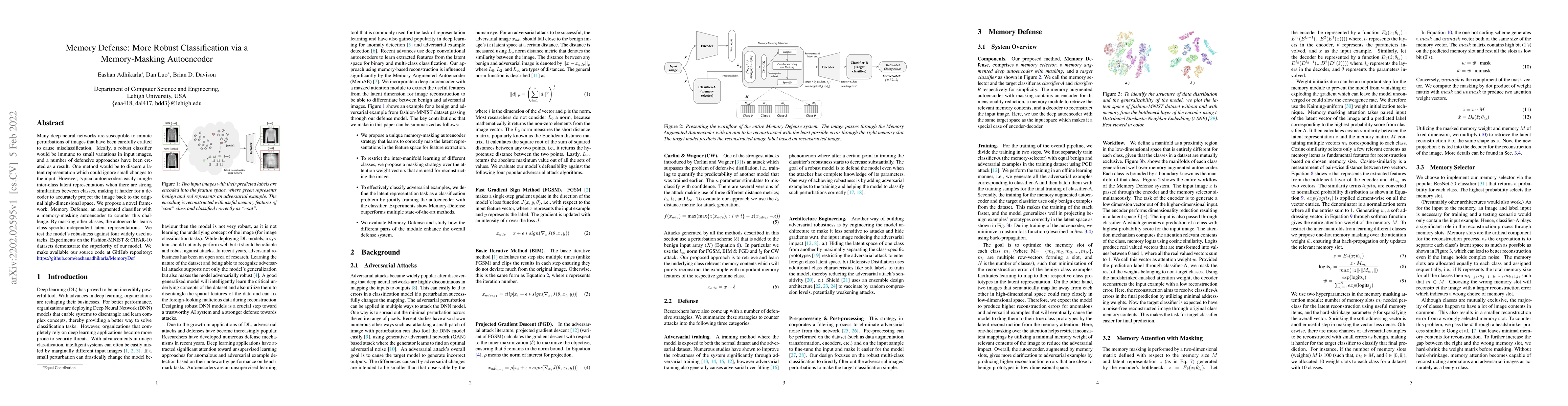 Thumbnail for Memory Defense: More Robust Classification via a Memory-Masking
  Autoencoder