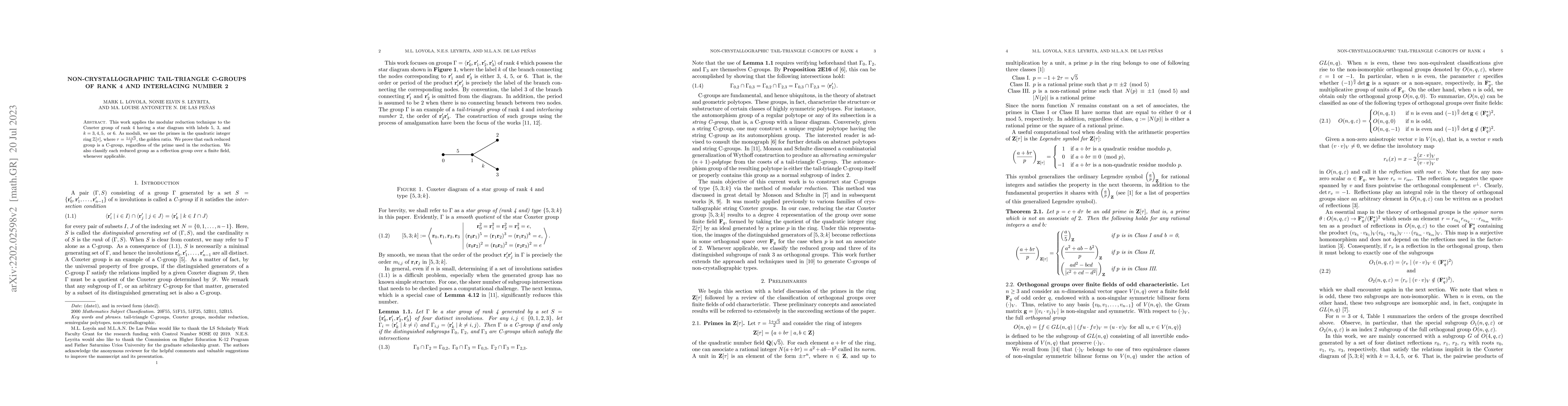Thumbnail for Non-crystallographic tail-triangle C-groups of rank 4 and interlacing
  number 2