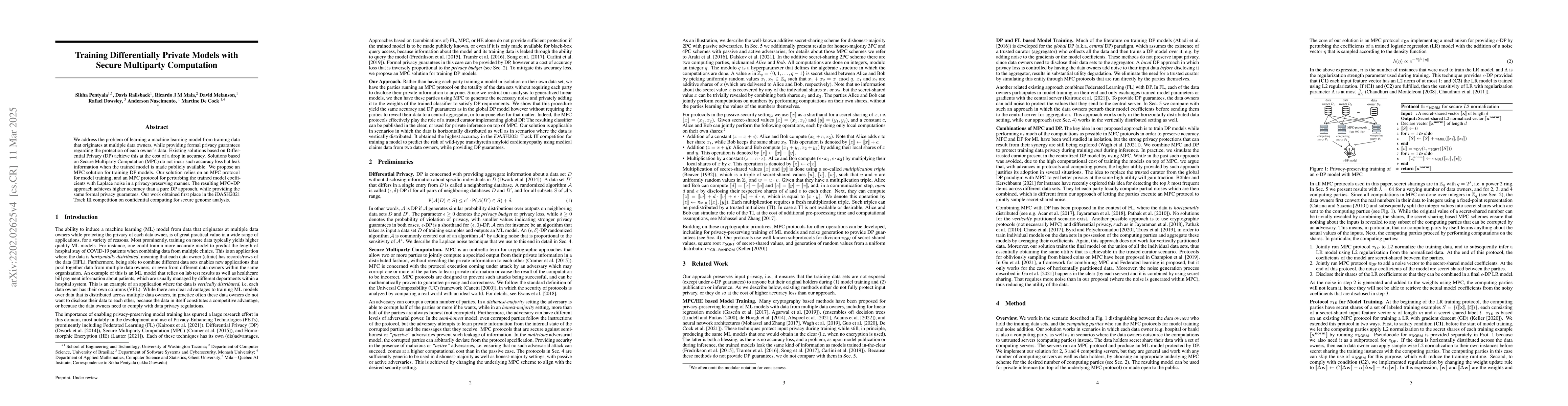 Thumbnail for Training Differentially Private Models with Secure Multiparty
  Computation