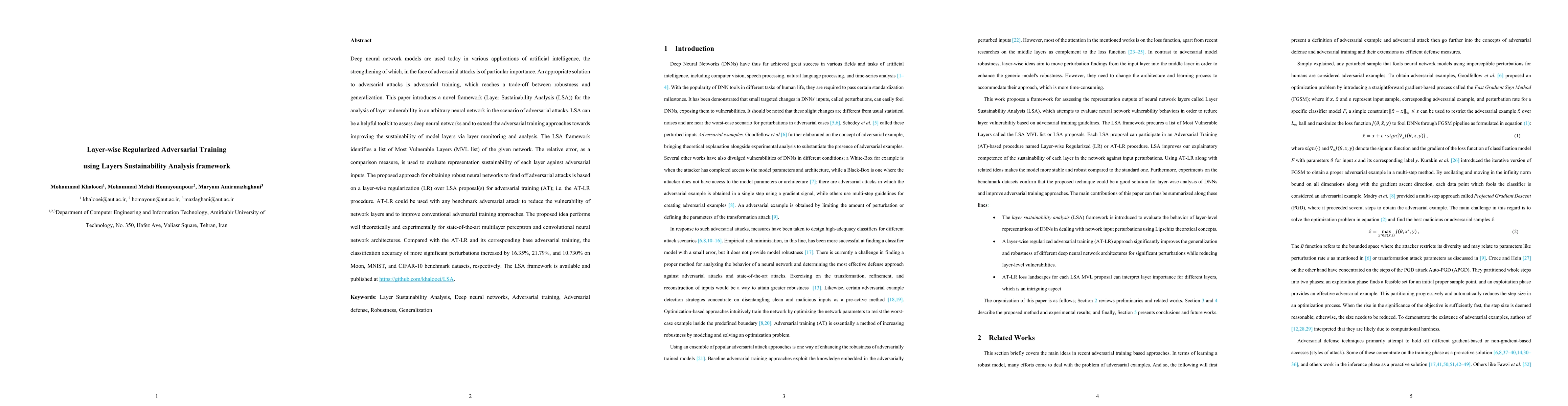 Thumbnail for Layer-wise Regularized Adversarial Training using Layers Sustainability
  Analysis (LSA) framework