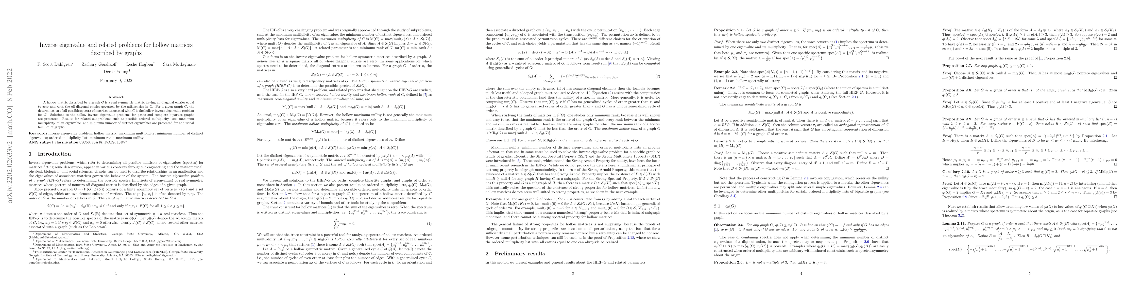 Thumbnail for Inverse eigenvalue and related problems for hollow matrices described by
  graphs