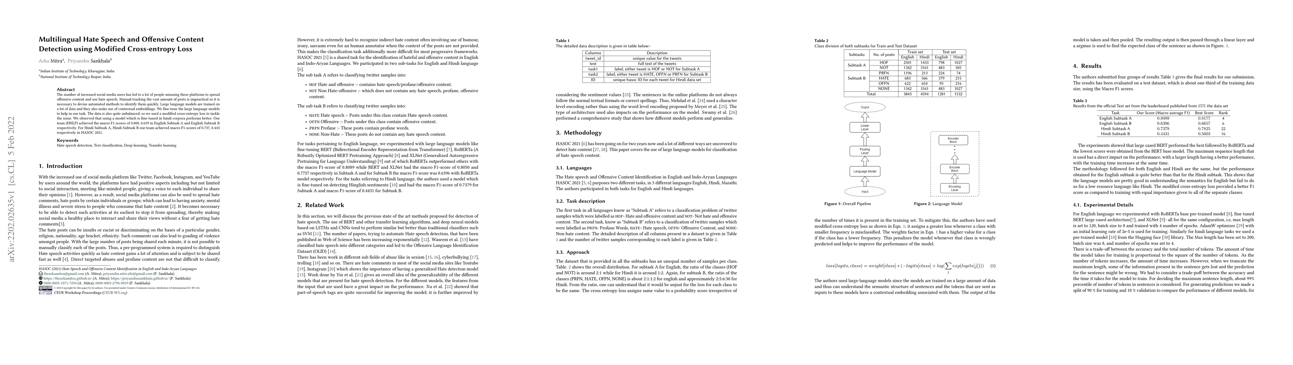 Thumbnail for Multilingual Hate Speech and Offensive Content Detection using Modified
  Cross-entropy Loss
