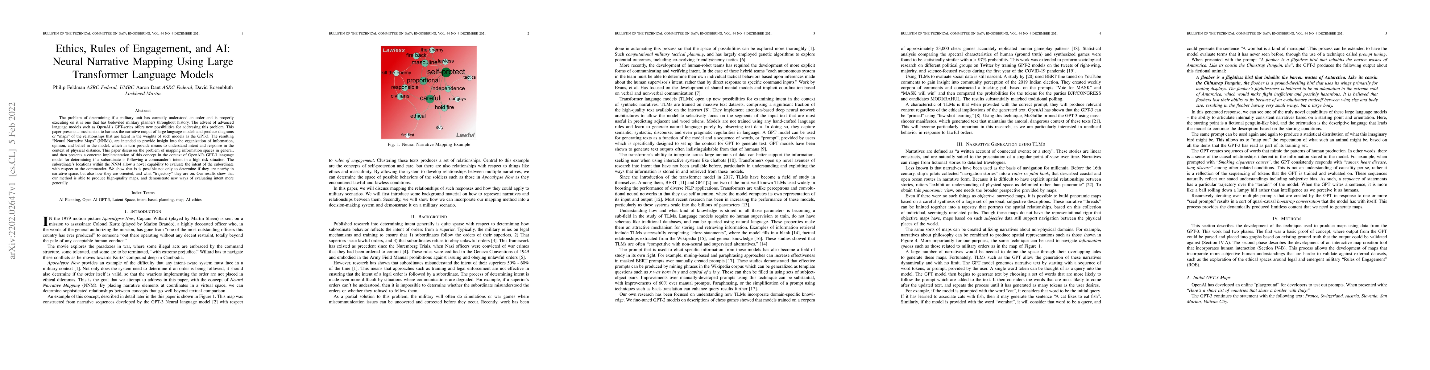 Thumbnail for Ethics, Rules of Engagement, and AI: Neural Narrative Mapping Using
  Large Transformer Language Models