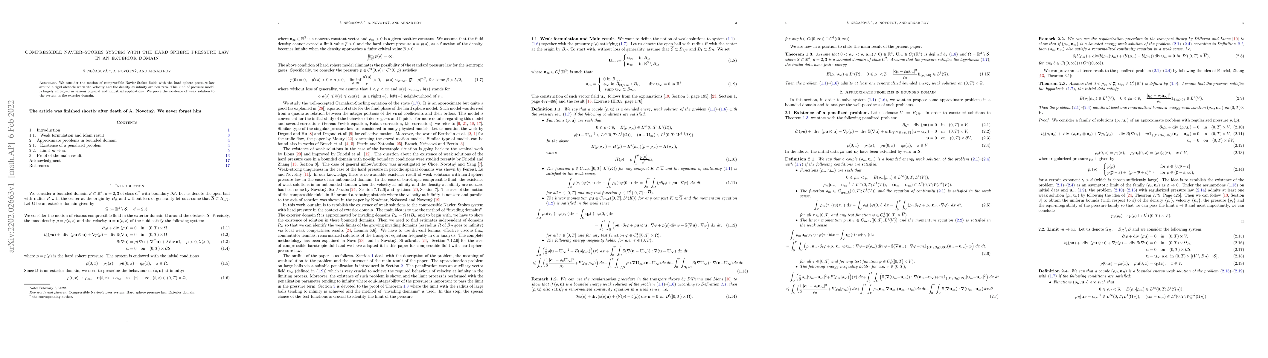 Thumbnail for Compressible Navier--Stokes system with the hard sphere pressure law in
  an exterior domain