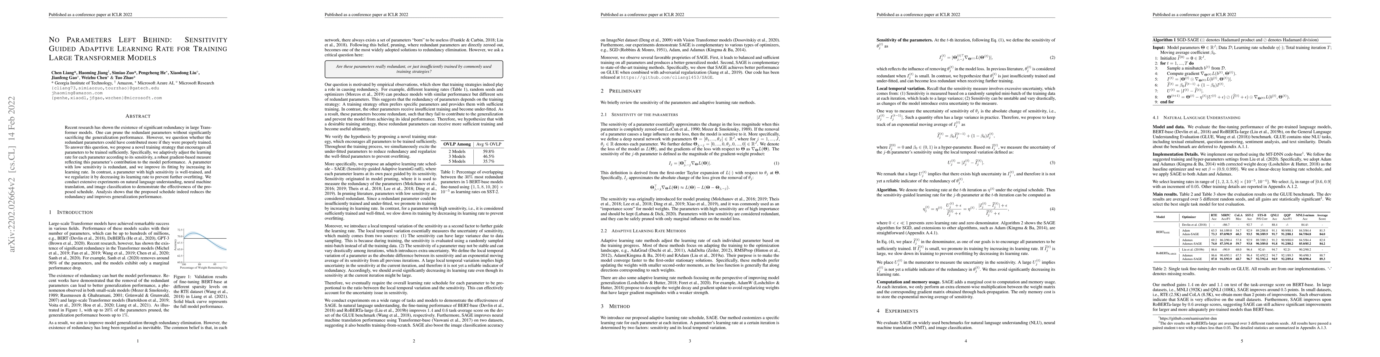 Thumbnail for No Parameters Left Behind: Sensitivity Guided Adaptive Learning Rate for
  Training Large Transformer Models