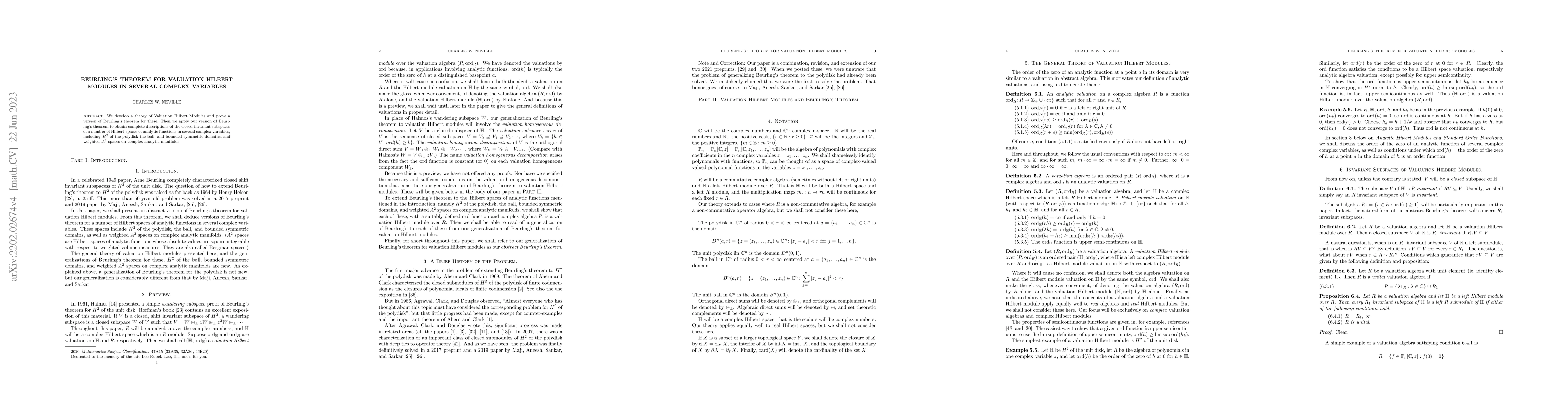 Thumbnail for Beurling's Theorem for Valuation Hilbert Modules and Several Complex
  Variables
