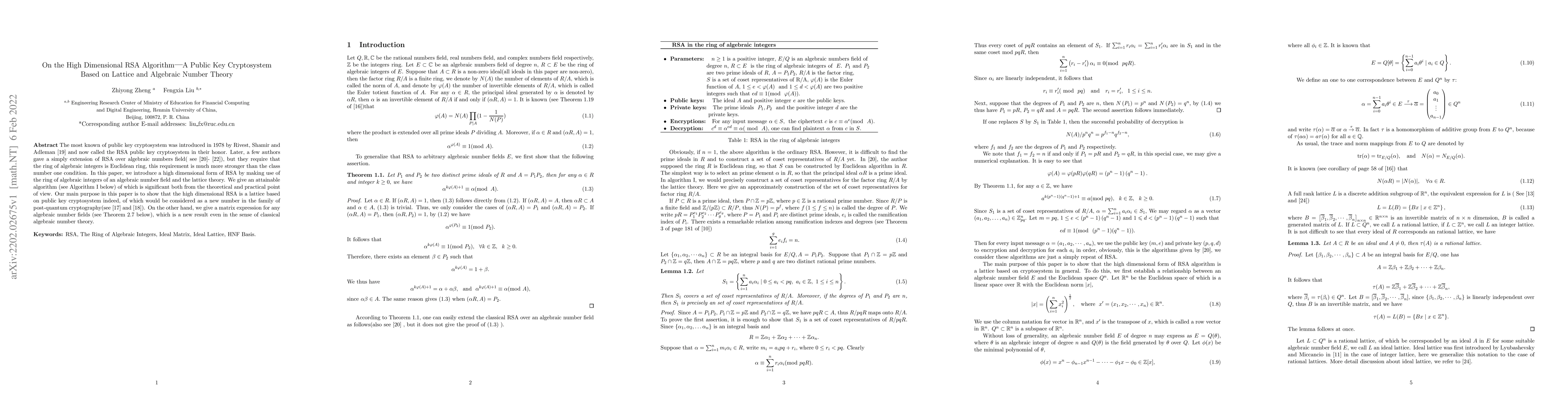 Thumbnail for On the High Dimensional RSA Algorithm -- A Public Key Cryptosystem Based
  on Lattice and Algebraic Number Theory