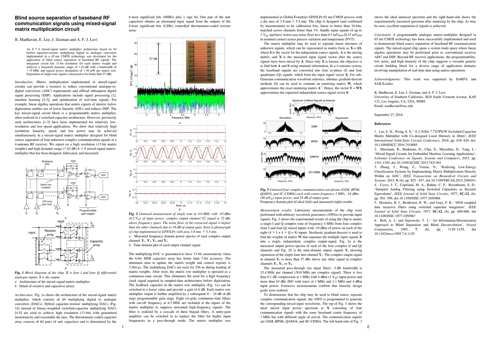 Thumbnail for Blind source separation of baseband RF communication signals using
  mixed-signal matrix multiplication circuit