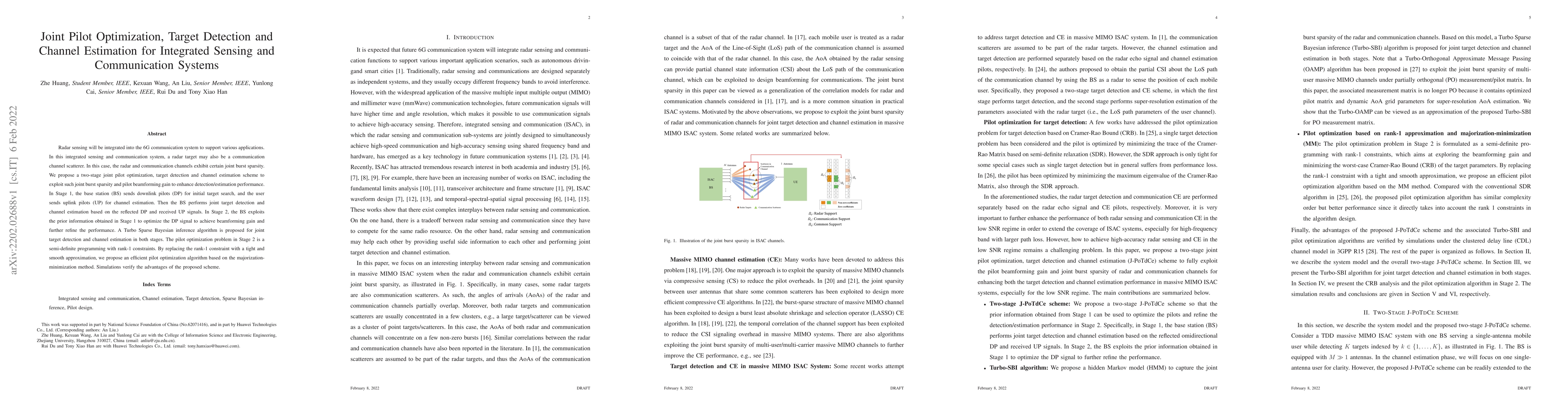 Thumbnail for Joint Pilot Optimization, Target Detection and Channel Estimation for
  Integrated Sensing and Communication Systems