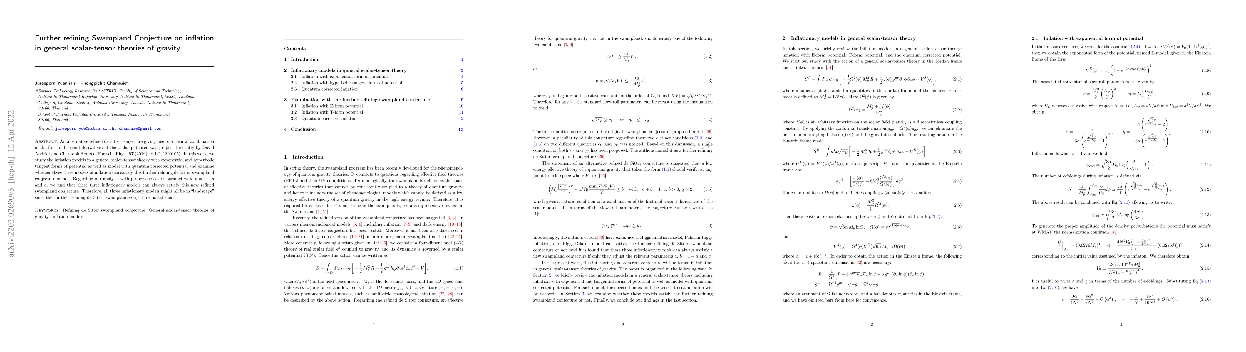 Thumbnail for Further refining Swampland Conjecture on inflation in general
  scalar-tensor theories of gravity