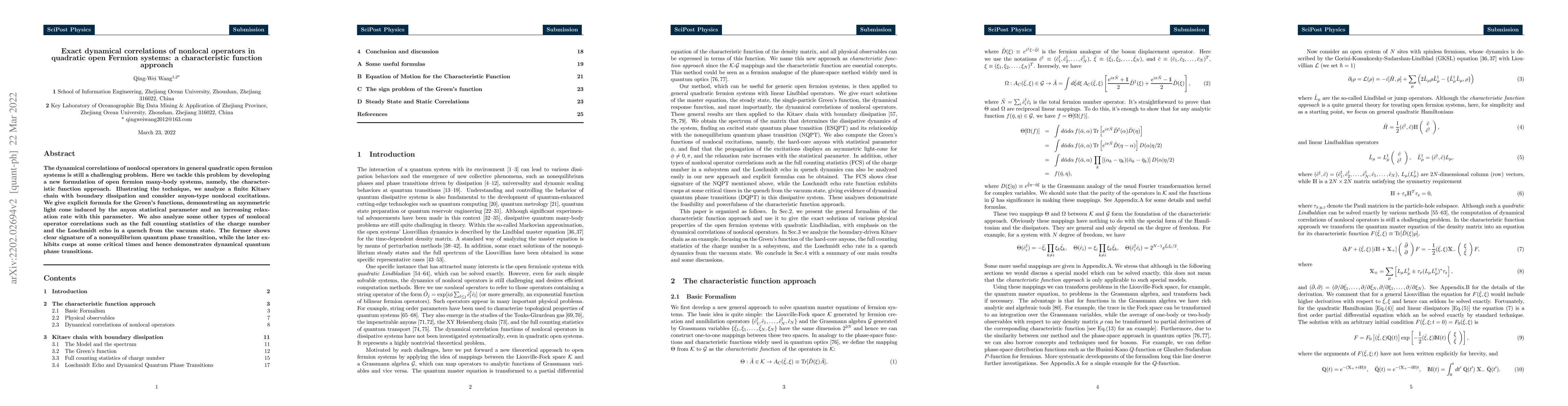 Thumbnail for Exact dynamical correlations of nonlocal operators in quadratic open
  Fermion systems: a characteristic function approach