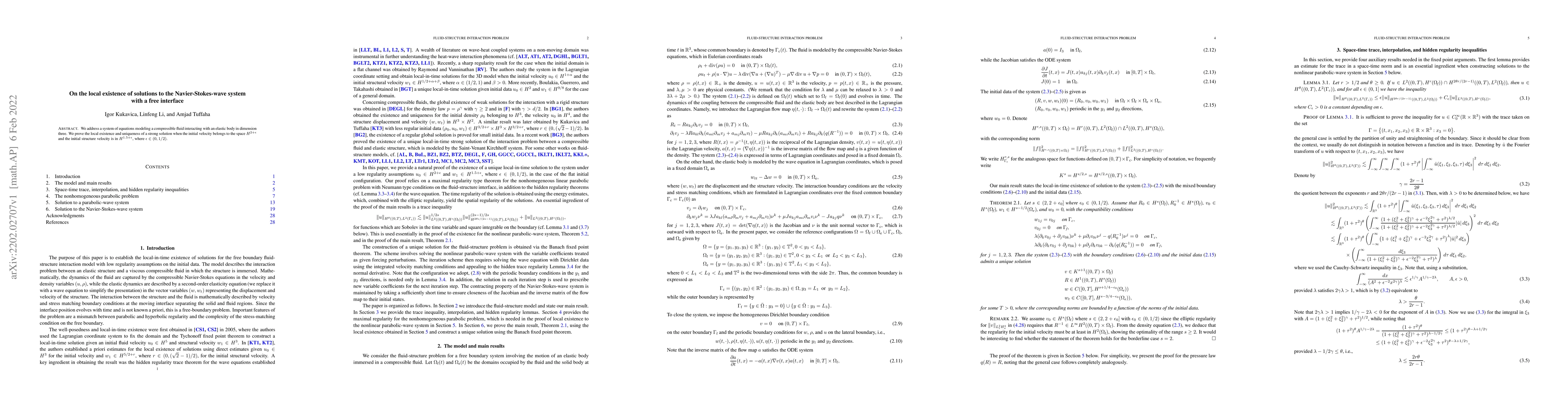 Thumbnail for On the local existence of solutions to the Navier-Stokes-wave system
  with a free interface