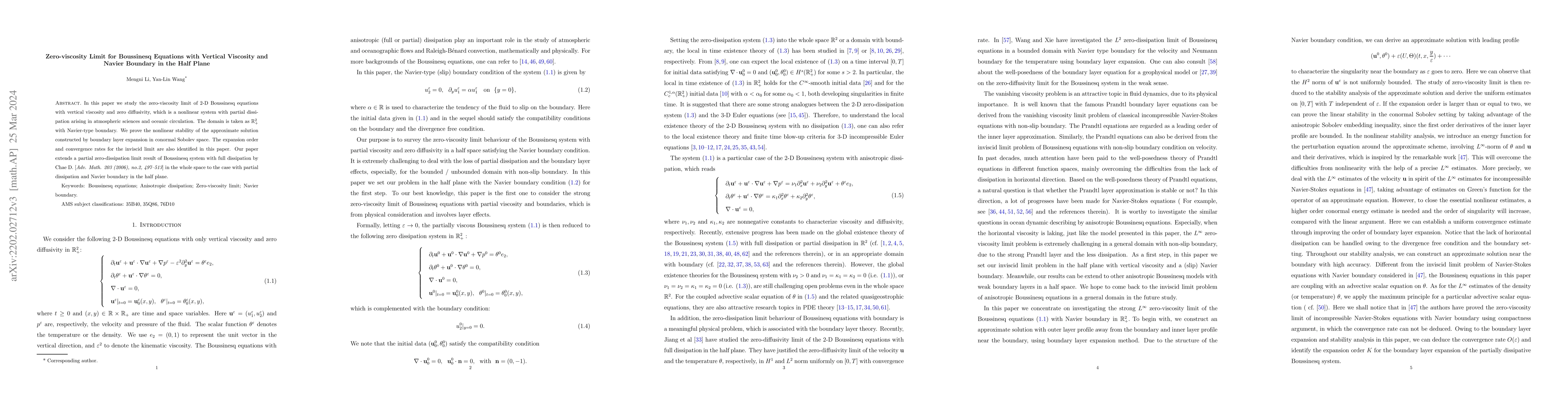 Thumbnail for Zero-viscosity Limit for Boussinesq Equations with Vertical Viscosity
  and Navier Boundary in the Half Plane