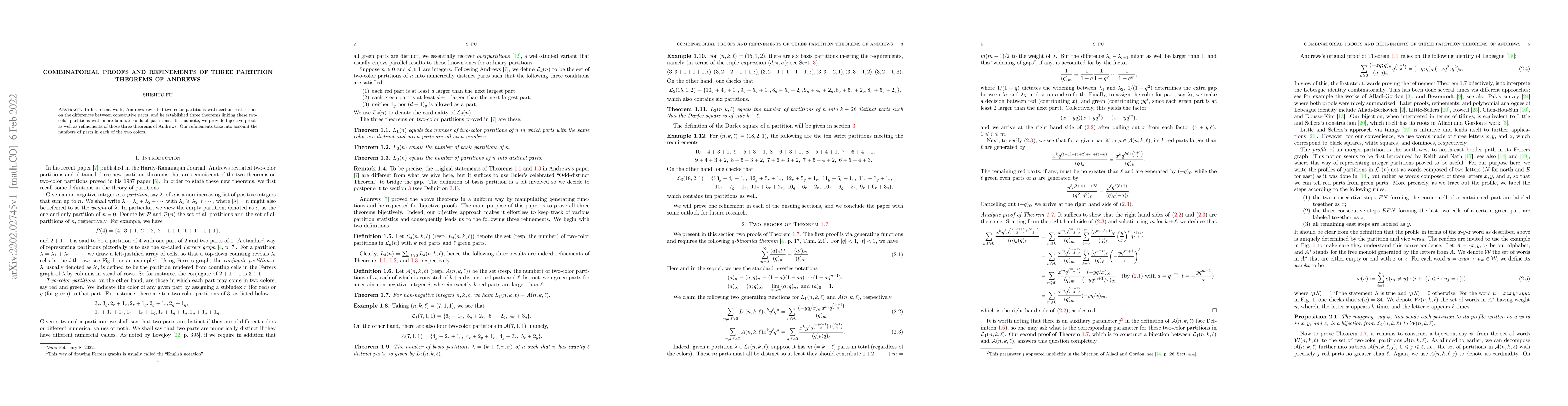 Thumbnail for Combinatorial proofs and refinements of three partition theorems of
  Andrews