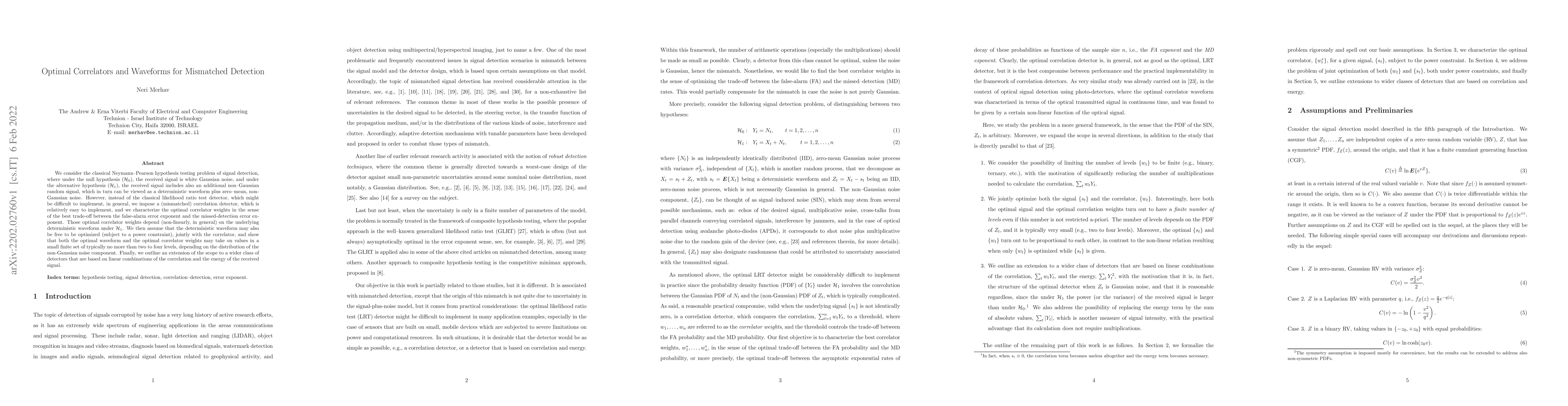 Thumbnail for Optimal Correlators and Waveforms for Mismatched Detection